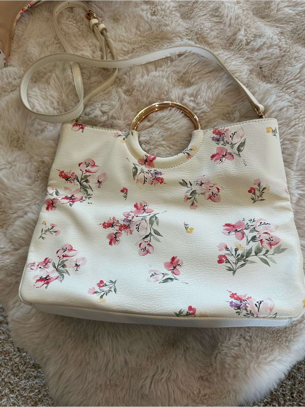 Floral Print Ivory Crossbody Bag with Gold Ring Handle and shoes - Picture 3 of 15